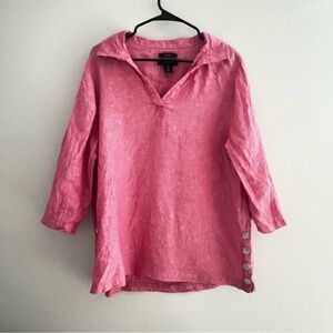 Tahari Linen Pink 3/4 Sleeve Collared V-Neck Pullover Top 1X